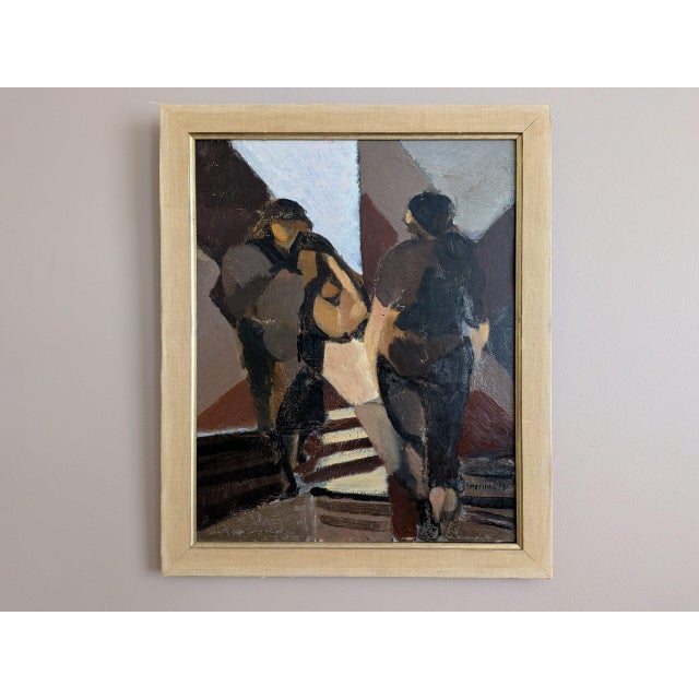 CROSSING PATHS Size: 18.3 x 15.2 inches (including frame) Oil on board A compelling mid-century abstract figurative oil...