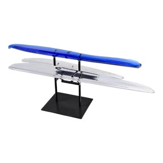 Terje Lundaas Blue & White Glass Sculpture With Engravings on Tri-Level Stand, Large 31" Wide, Etch Signed - Set of 4 For Sale