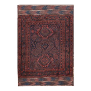 1890s Blue Navy Diamond Tribal Antique Baluch Turkman Rug 4'6" X '6'9" Handknotted Wool Carpet For Sale