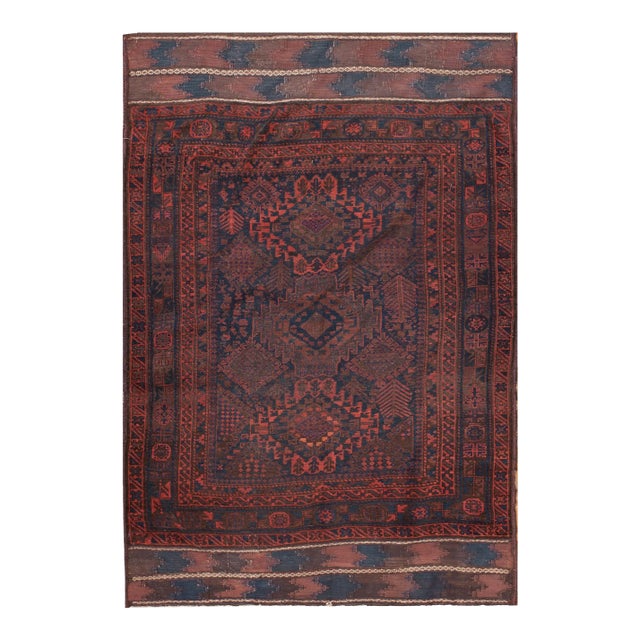 1890s Blue Navy Diamond Tribal Antique Baluch Turkman Rug 4'6" X '6'9" Handknotted Wool Carpet For Sale