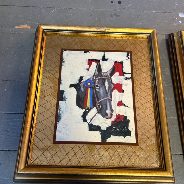 Two contemporary original horse paintings by Stephen Heigh on mirrored matboard. Signed and framed. Each measure 12x14...