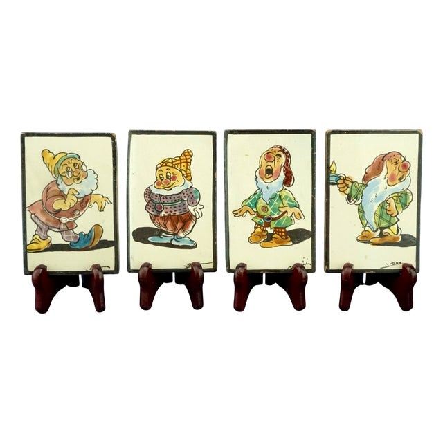 Majolica Tiles with Snow White and the Dwarfs by Leonello Donnini, 1920s, Set of 4 For Sale