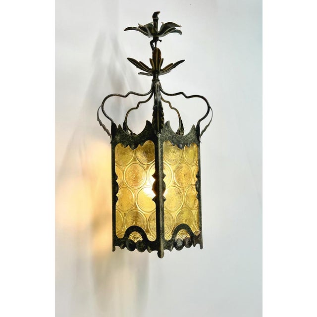 Gothic Lantern in Wrought Iron and Amber Glass, 1960s For Sale - Image 9 of 11