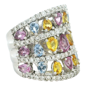 Italian 18k White Gold Multi-Color Sapphire & Diamond Cigar Band Ring, Size 6.5