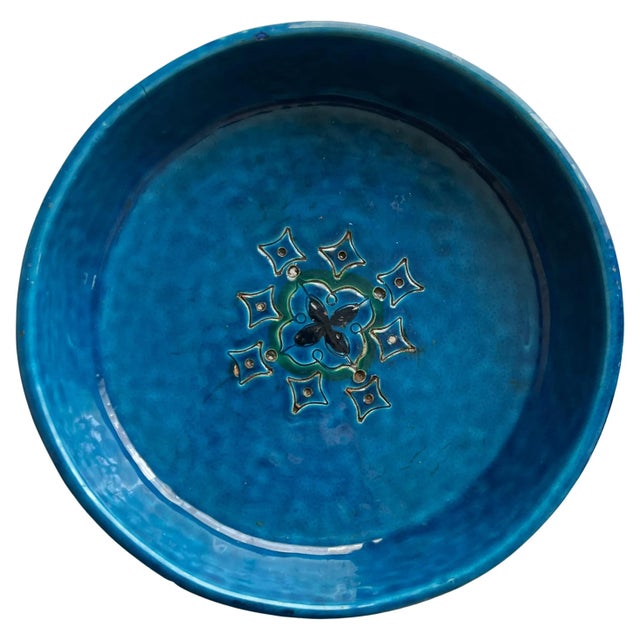 Italian blue glazed ceramic bowl or dish. Classic mediterranean ceramic design featuring blue, green, and navy glazes....