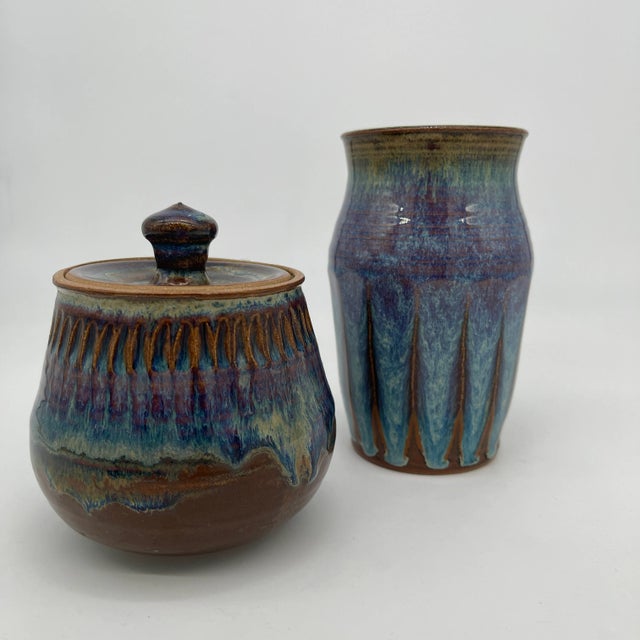 Blue Pair of Minnesota Studio Pottery Vase and Lidded Pot Blue Glaze For Sale - Image 8 of 12