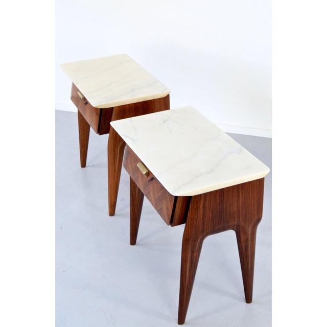 Italian Walnut and Carrara Marble Nightstands, 1960s, Set of 2 For Sale - Image 12 of 13