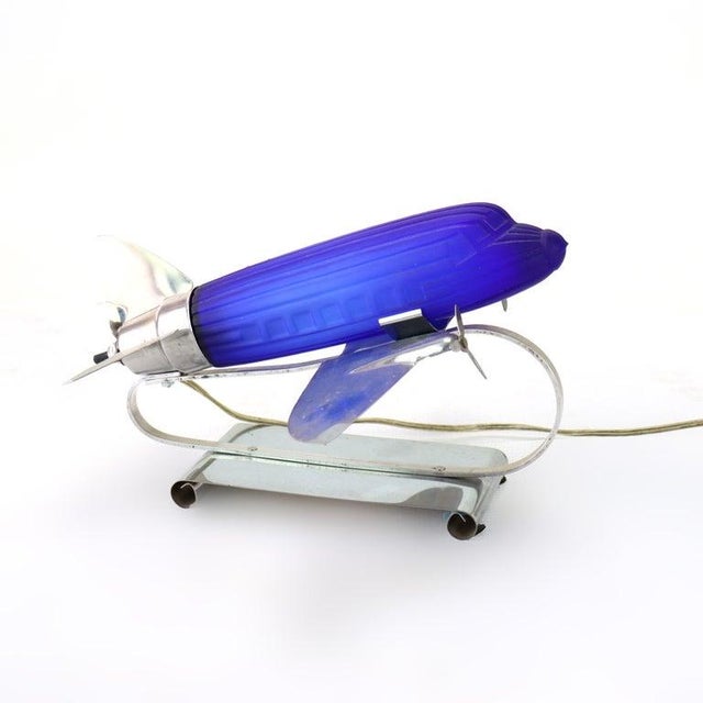 Vintage Chrome & Cobalt Blue Art Deco Dc-3 Airplane Table Lamp C1977 For Sale - Image 9 of 9