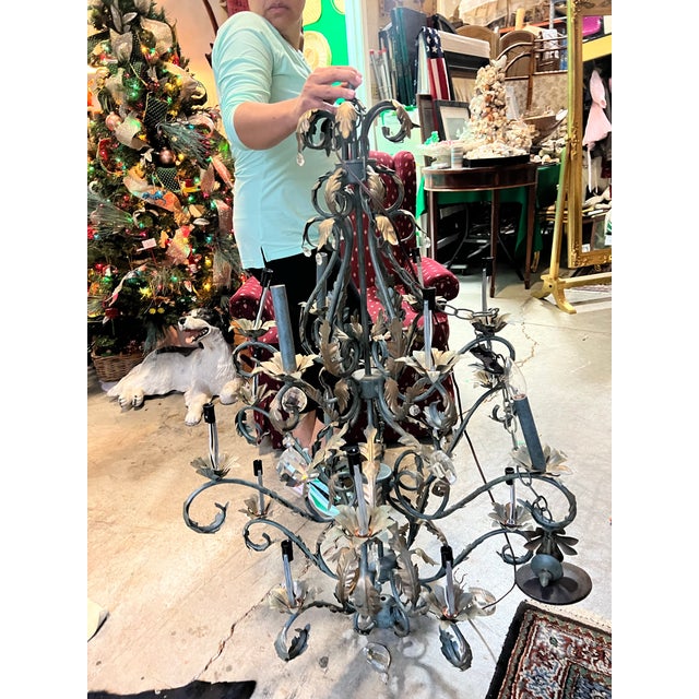 Metal 1970s Large Scrolling Black Metal Vintage Chandelier With Leaf Details For Sale - Image 7 of 9
