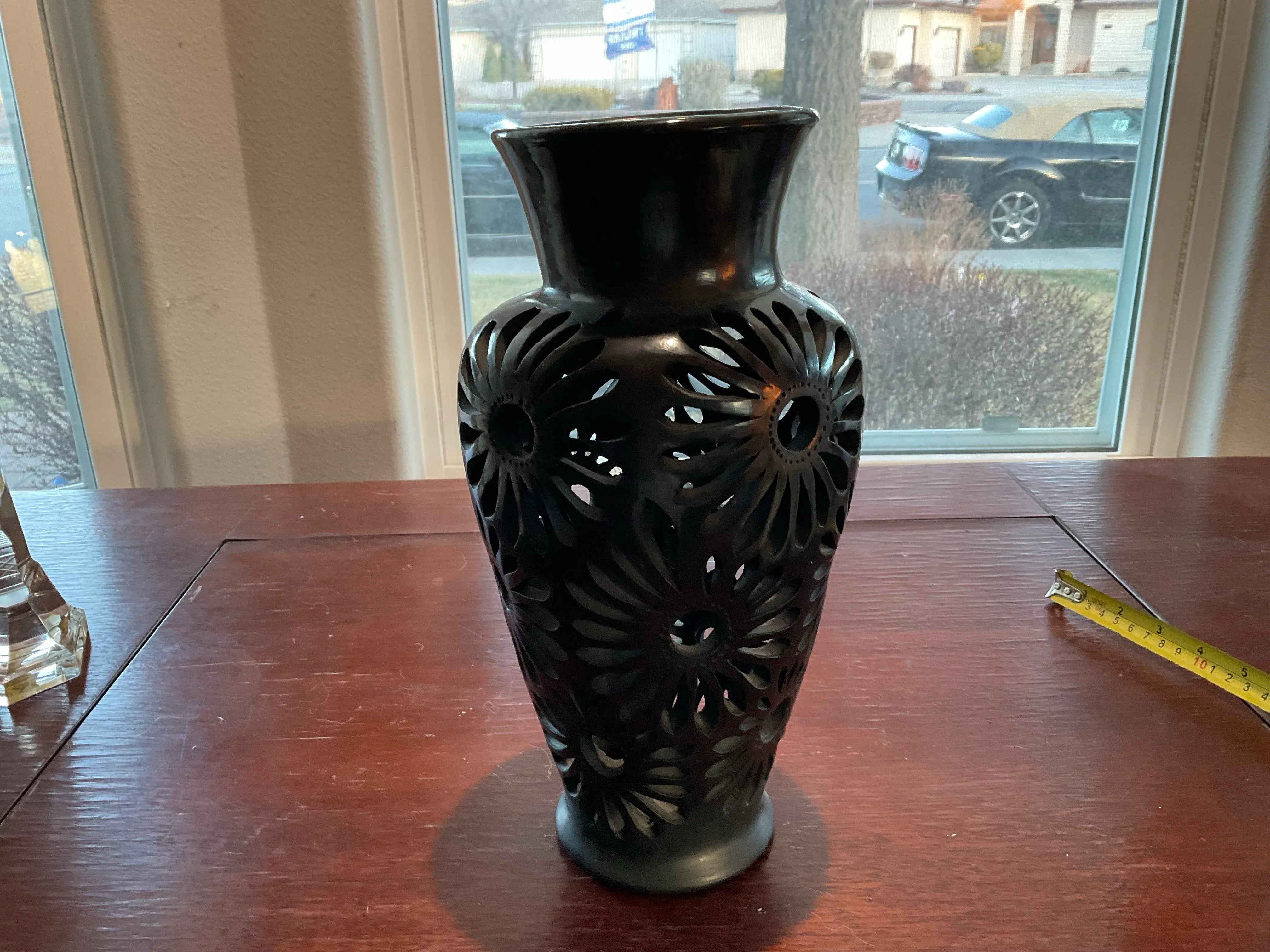 1990s Oaxaca Black Pottery Vase With Flower Cut Outs | Chairish
