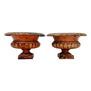 Antique French Style Cast Iron Campana Urn Planters - A Pair For Sale