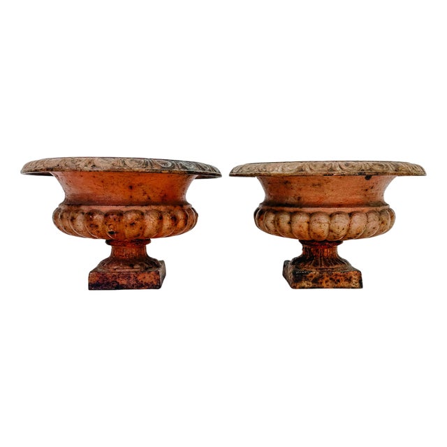 Antique French Style Cast Iron Campana Urn Planters - A Pair For Sale