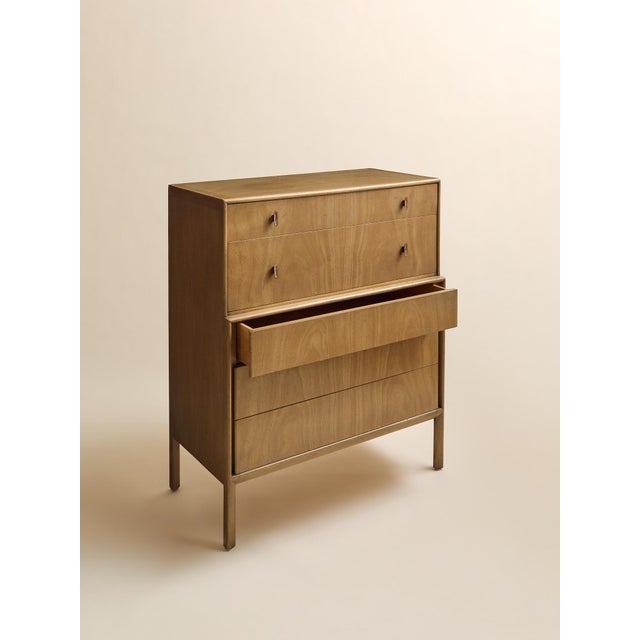 Mid-Century Modern The Vintage Mount Airy 1950s MCM Highboy Dresser With Original Brass and Enamel Inlay Hardware For Sale - Image 3 of 12
