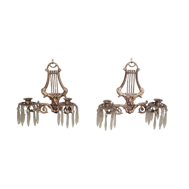 A Pair 1930s Brass & Crystal Swan Candle Wall Sconces For Sale - Image 10 of 10