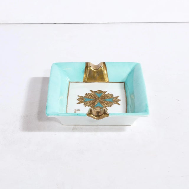 Mid-Century Ceramic Cigar Tray in Pastel Cerulean and Gilt Detailing For Sale In New York - Image 6 of 13