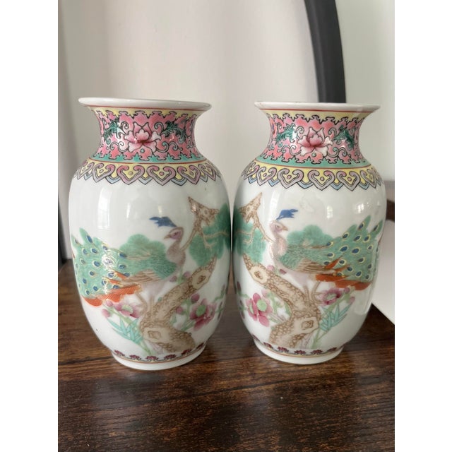 Mint Antique Famille Rose Petite Pastel Peacock Vases-a Pair For Sale - Image 8 of 9