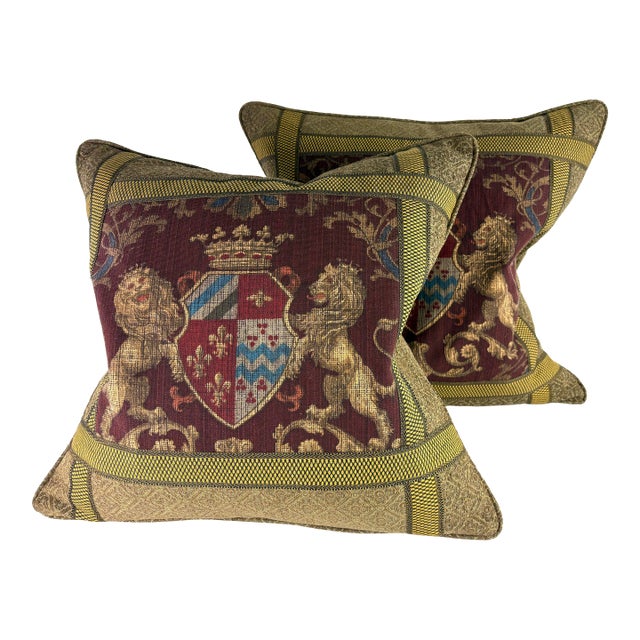 Handsome Coat of Arms Banded Cotton Print Pillows/a Pair For Sale