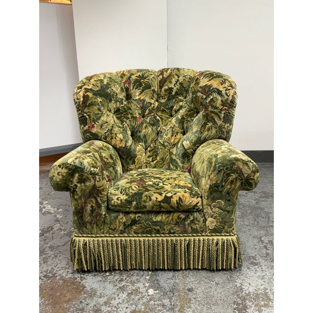 Design Plus Gallery presents a Floral Upholstered Armchair by Summer Hill Ltd. This chair has a rounded lounge form with...