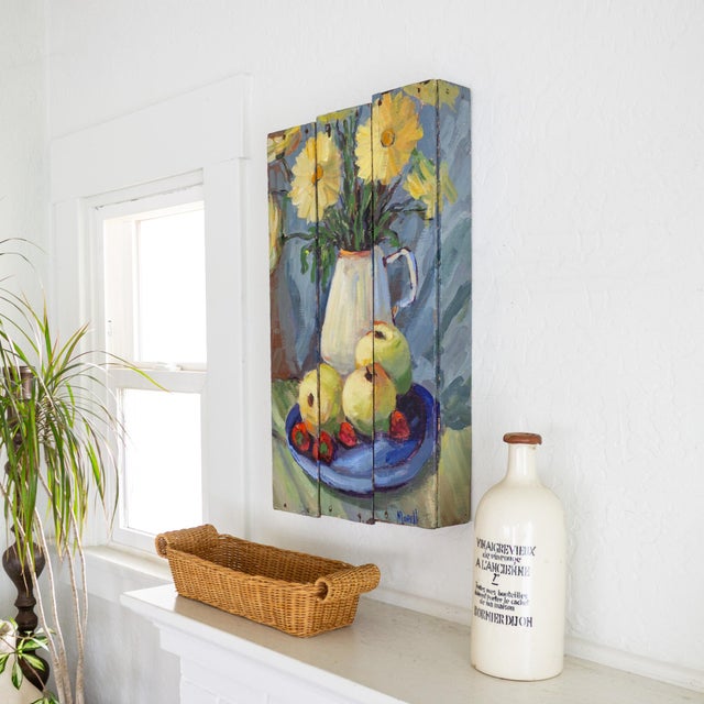 Still Life Impressionist Painting of Fruit and Flowers on Wood Crate For Sale - Image 4 of 11