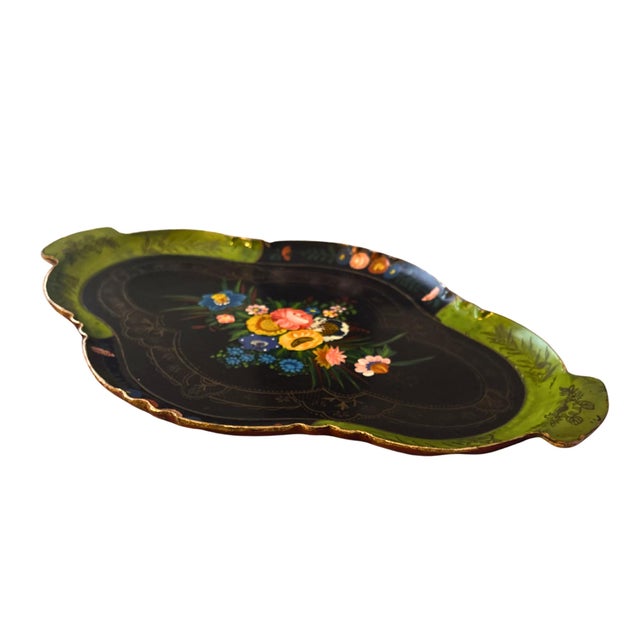 This Japanese papier-mâché lacquer tray was fabricated pre World War II, sometime in the 1920s or 1930s, as evidenced by...