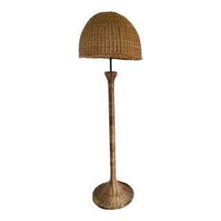 Vintage Wicker Floor Lamp With Mushroom Shaped Shade For Sale