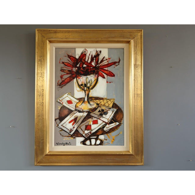 RED BLOOMS & CARDS Size: 26.6 x 21.1 inches (including frame) Oil on board An energetic and confidently executed mid-...