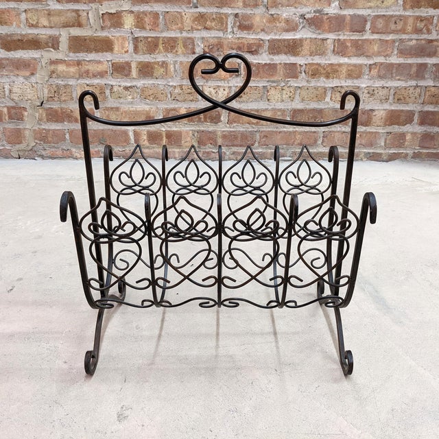 Black 1970s Shabby Chic Wrought Iron Rattan Magazine Rack For Sale - Image 8 of 8