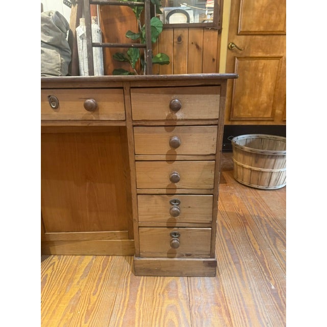 Antique Pine 11 Drawer Kneehole Desk With Matching Wooden Knobs For Sale - Image 4 of 11