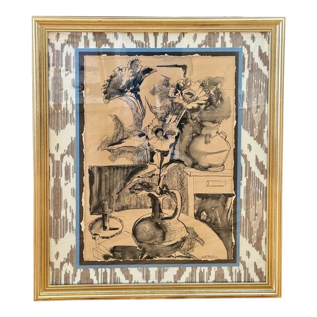 Early 20th Century Ruth Bunny Baldwin Floral Mixed Media Still Life on Ikat Cowtan and Tout Fabric in Gold Frame For Sale