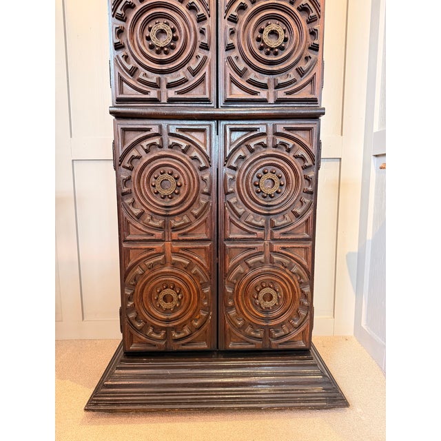 Mid-Century Carved Wood Bar Cabinet With Smoky Glass Interior For Sale In Philadelphia - Image 6 of 12