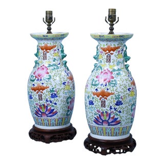 Pair of Colorful Chinoiserie Table Lamps For Sale