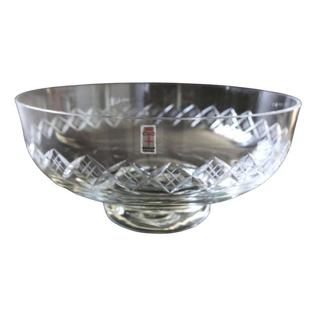 Large Vintage Crystal Bowl on Foot with X Debossed Pattern from Skruf For Sale