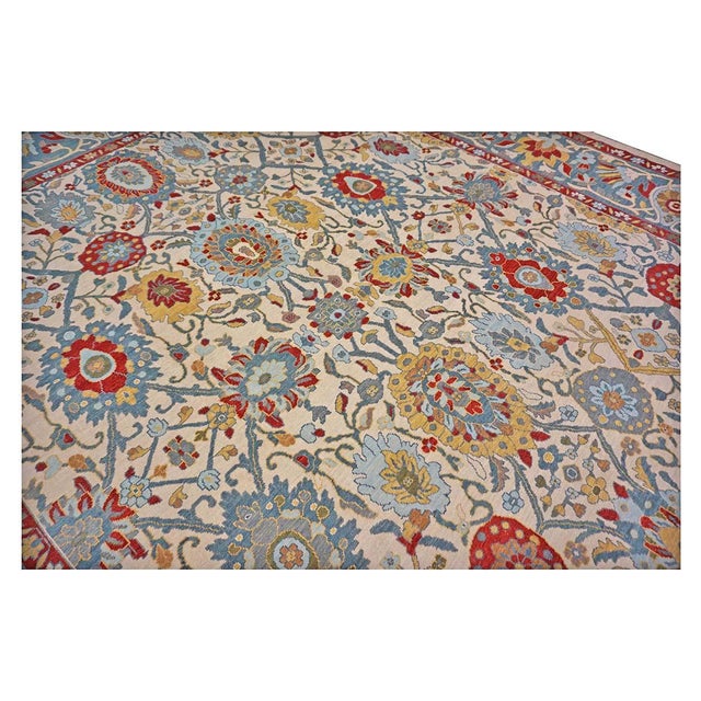 Textile Afghan Sultanabad Wool 13x16 Ivory, Red & Light Blue Handmade Area Rug #1143763 For Sale - Image 7 of 11