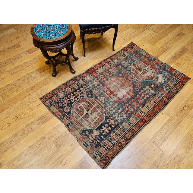 19th Century Caucasian Shirvan Area Rug, Tribal Geometric Pattern, Blue & Ivory, 3’ x 5’ For Sale - Image 9 of 17