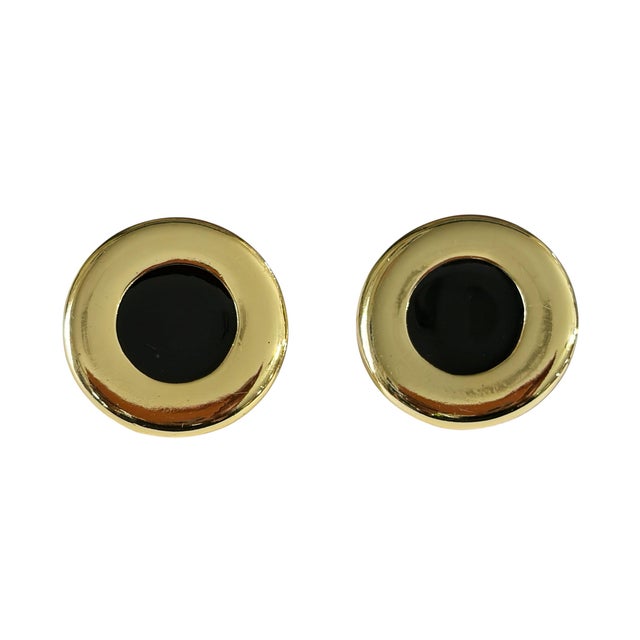 Mid-Century Modern Vintage Elegant Gold Tone and Black Enamel Modernist Clip- On Earrings For Sale - Image 3 of 6