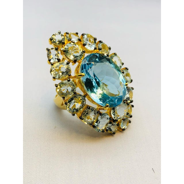 Bochic "Orient" Natural AquaMarine & Blue Topaz Ring Set In 18K Gold Plating For Sale - Image 9 of 10
