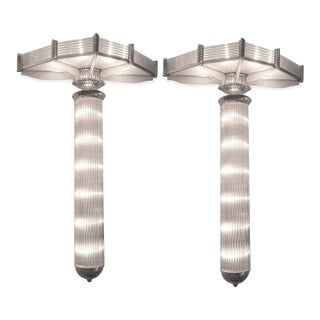 Mid 20th Century Petitot Monumental 53" Ht Pair of French Modernist Sconces Glass Rod & Nickel Bronze For Sale