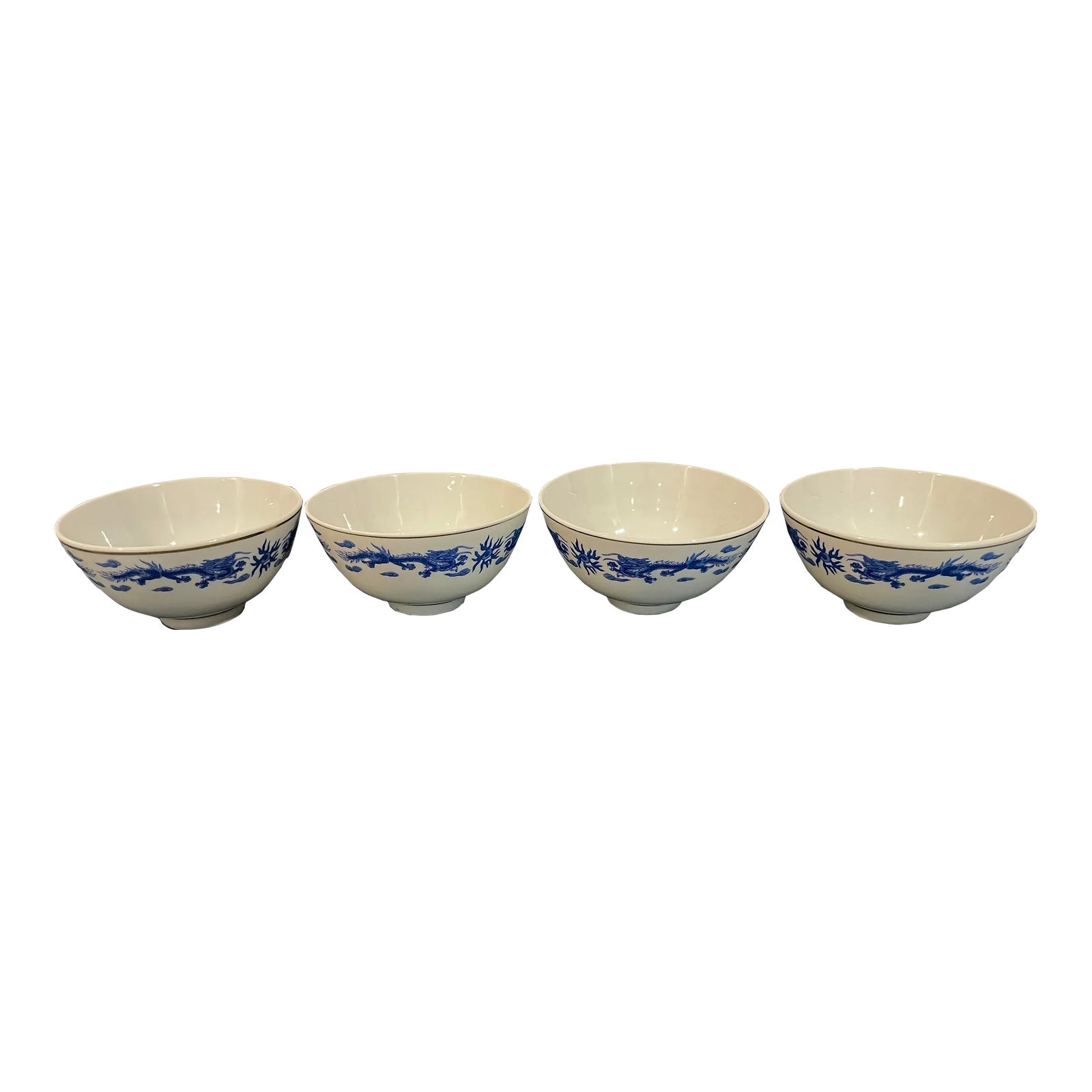 Late 20th Century Blue and White Dragon Porcelain Rice or Soup Bowls ...