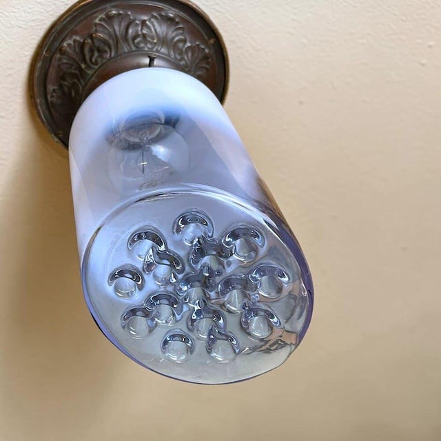 1960s Art Deco Style Opalescent Art Glass Flush Mount with Ornate Brass Base, 1960s For Sale - Image 5 of 18