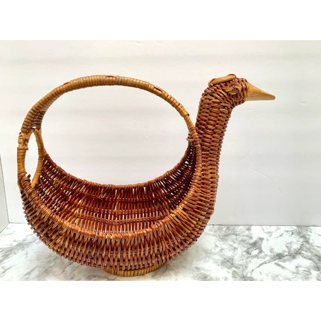 1970s Midcentury Asian Wood Wicker Duck Basket For Sale - Image 5 of 9