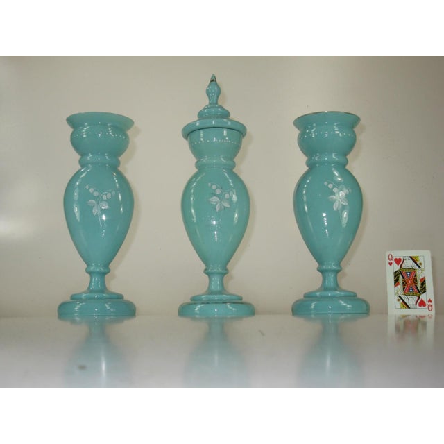 Mid 19th Century Vases Victorian Mantel 3-Pc. Set Bristol Glass Blue Opalescent Hand-Painted Floral Enamel For Sale - Image 11 of 12