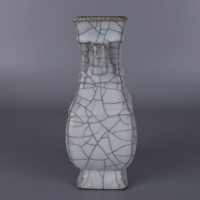 Art Deco Chinese Ceramic Vase Guan Ware Crackle Glaze Celadon Double Ears Vase For Sale - Image 3 of 11