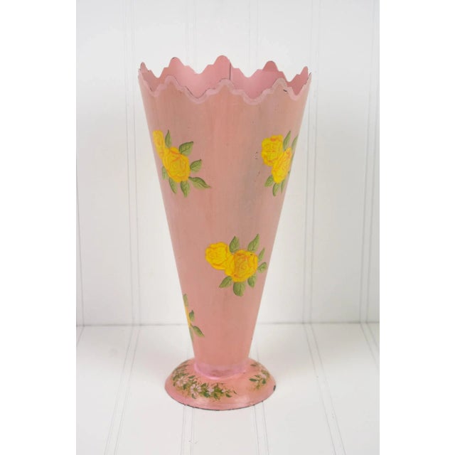 Mid-Century Modern Vintage 1960's Pink With Yellow Flowers Metal Tin Vase For Sale - Image 3 of 12