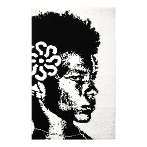 Cedric Vu "Lago" Black and White Tufted Yarn Portrait, High Contrast Figure, Floral Motif, Contemporary California Textile Art, Pop Art, 2025