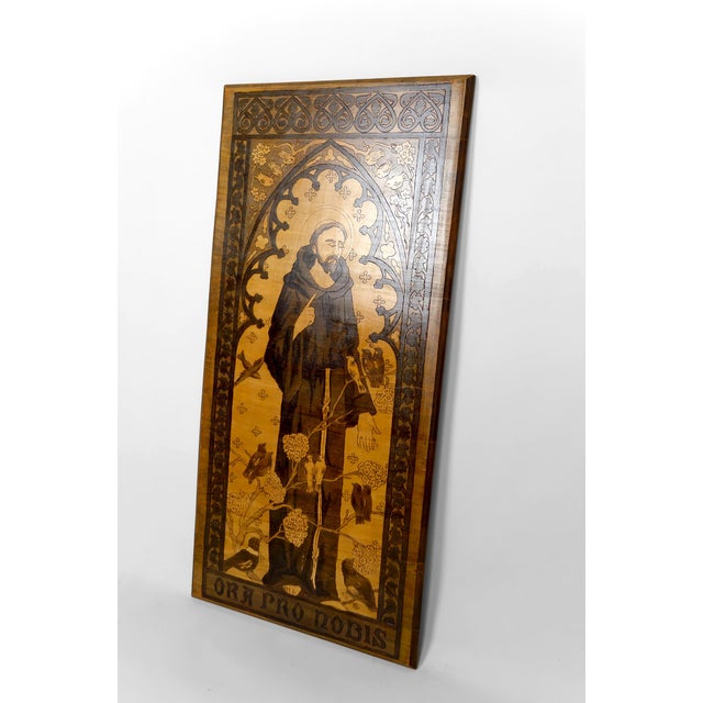 Boho Chic Art Nouveau Pyrography Panel with Religious Theme of St. Francis Speaking to the Birds, Early 20th Century For Sale - Image 3 of 17