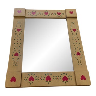 Vintage Wooden Country Folk Art Heart Rectangle Mirror For Sale