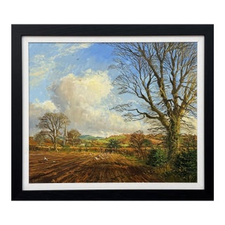 1985 Richard Woods Winter landscape with Seagulls on ploughed fields in the English Countryside For Sale