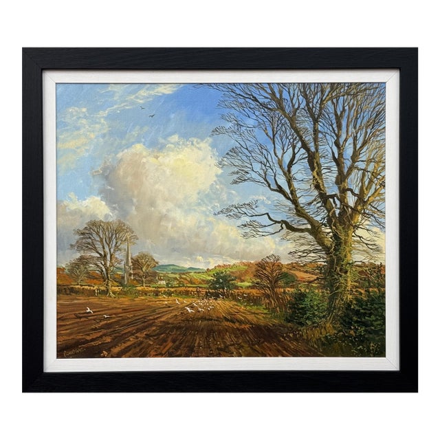 1985 Richard Woods Winter landscape with Seagulls on ploughed fields in the English Countryside For Sale