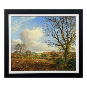 1985 Richard Woods Winter landscape with Seagulls on ploughed fields in the English Countryside