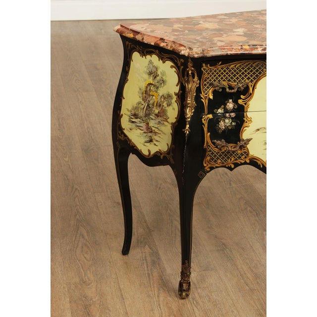 Louis XV Style Hand Painted Marble Top Bombe Commode For Sale - Image 9 of 12